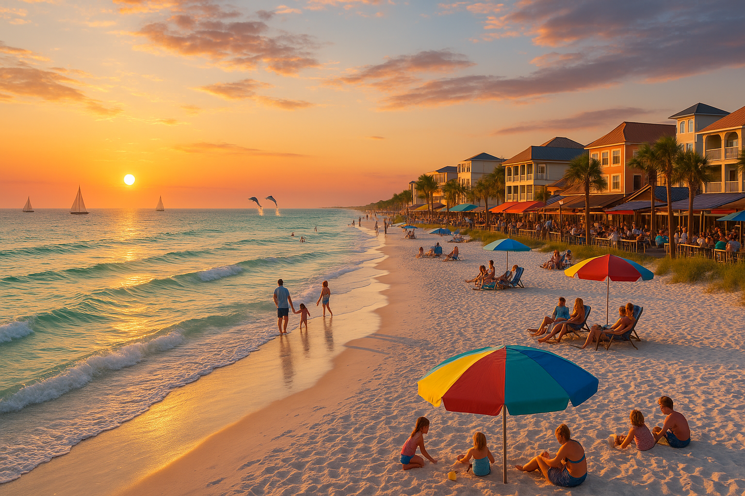 Sunset on Destin&rsquo;s Emerald Coast with beachgoers, dolphins, and sailboats&mdash;perfect Gulf Coast evening near Camp Detour RV Park in Fort Walton Beach, Florida.